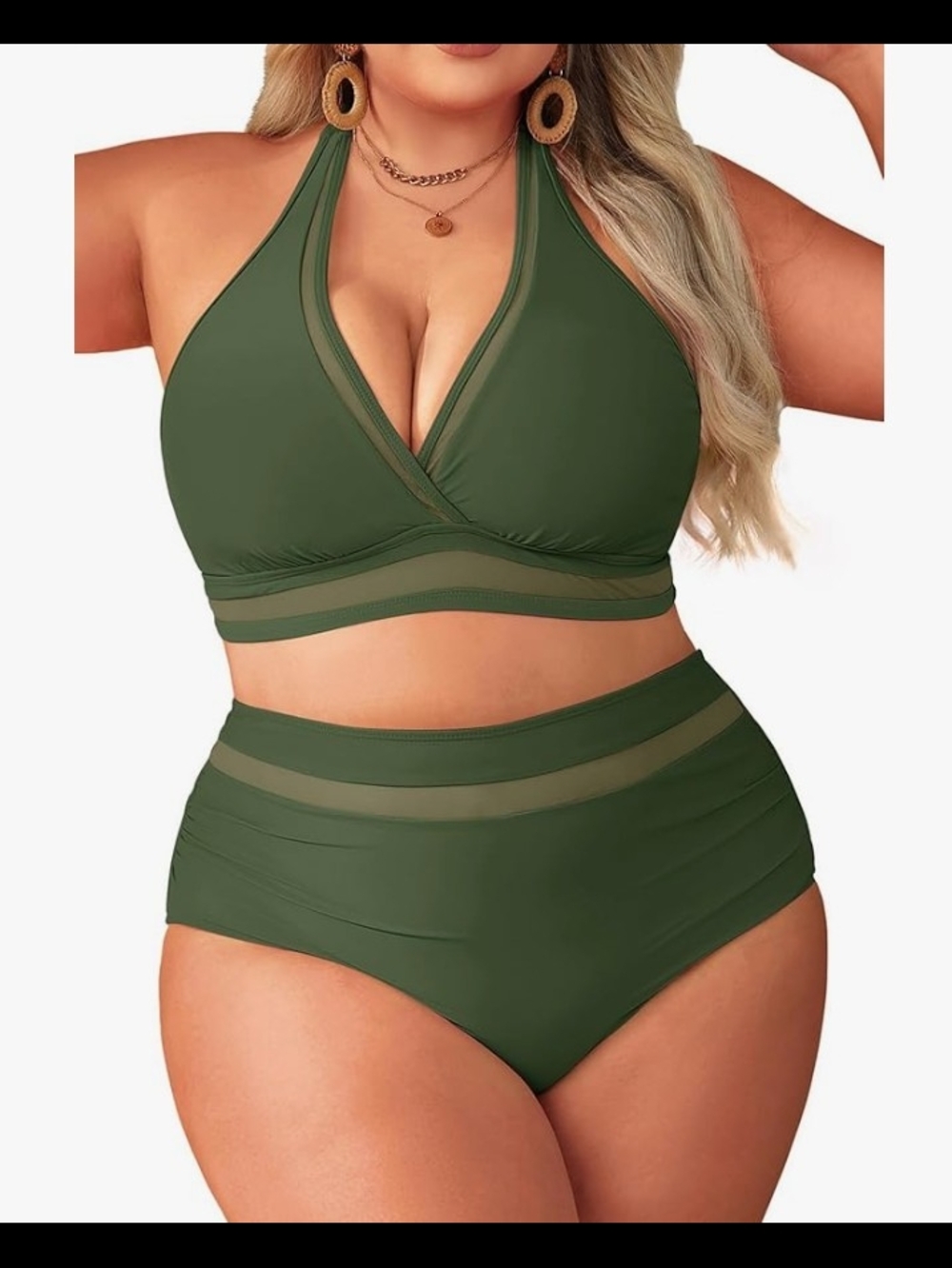 Plus-Size Olive Green Halter Bikini Set with Sheer Trim